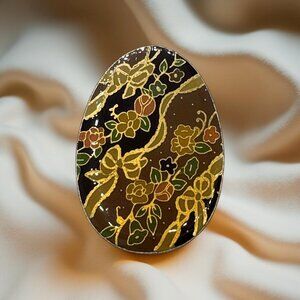 Vintage Cottagecore‎ Floral Enamel Brooch Gold Tone Oval 2"